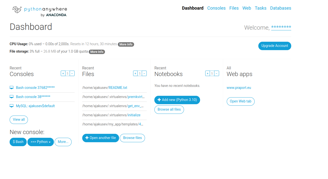 PythonAnywhere app dashboard